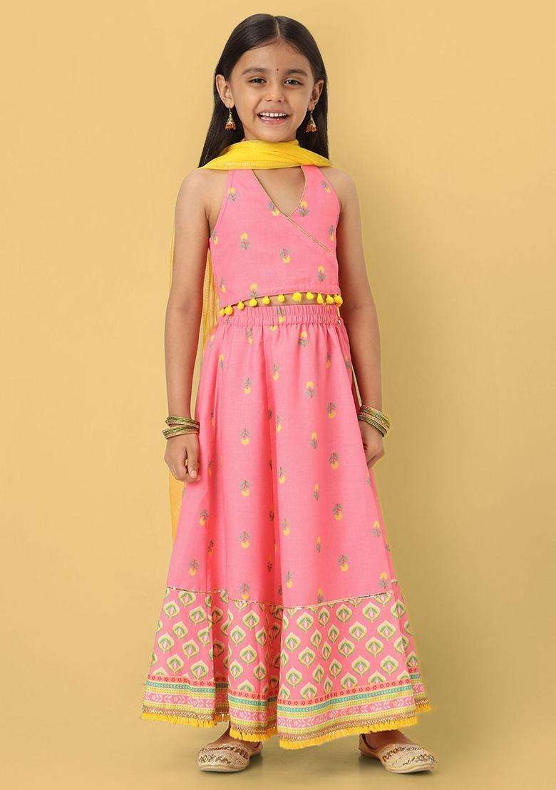 Pink Printed Polyester Lehenga Set For Girls - Indya