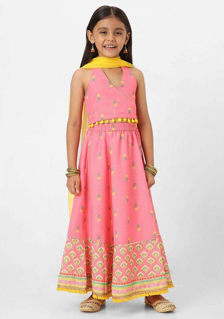 Pink Printed Polyester Lehenga Set For Girls - Indya