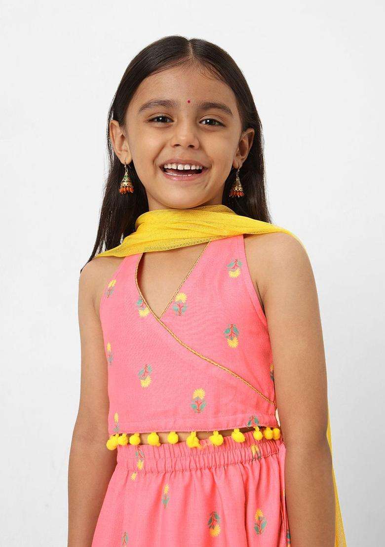 Pink Printed Polyester Lehenga Set For Girls - Indya