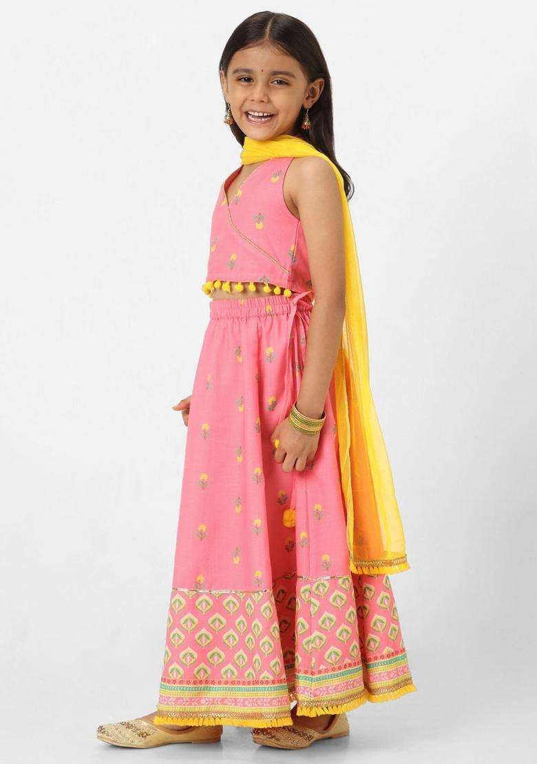 Pink Printed Polyester Lehenga Set For Girls - Indya