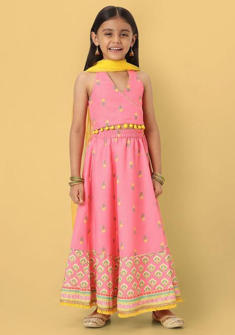 Pink Printed Polyester Lehenga Set For Girls — view on Indya