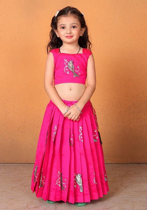 Pink Embroidered Cotton Lehenga Set For Girls — view on Indya