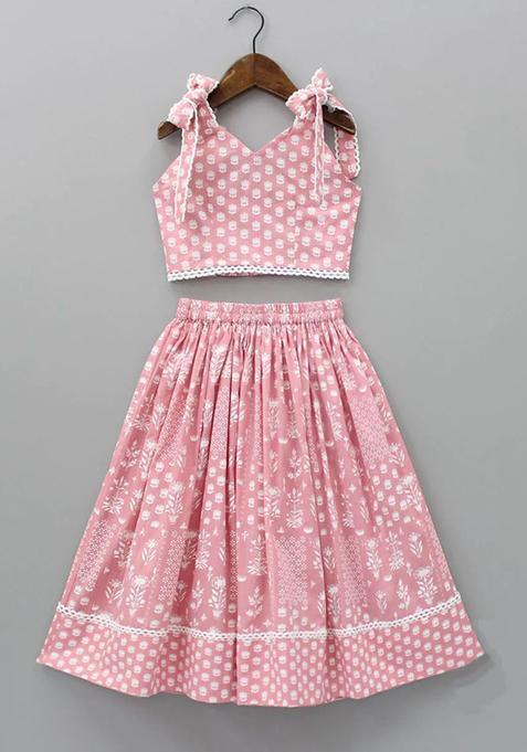 Peach Printed Polyester Lehenga Set For Girls — view on Indya