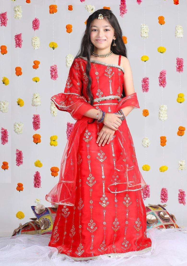 Red Embroidered Organza Lehenga Set For Girls - Indya