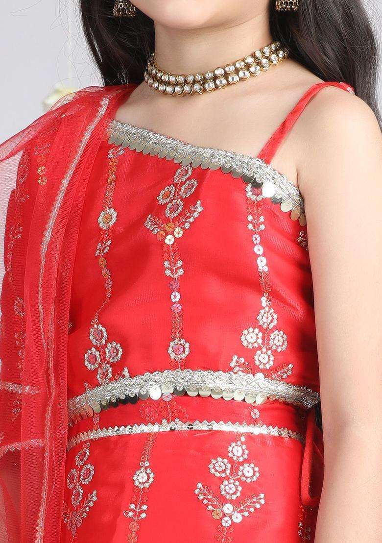Red Embroidered Organza Lehenga Set For Girls - Indya