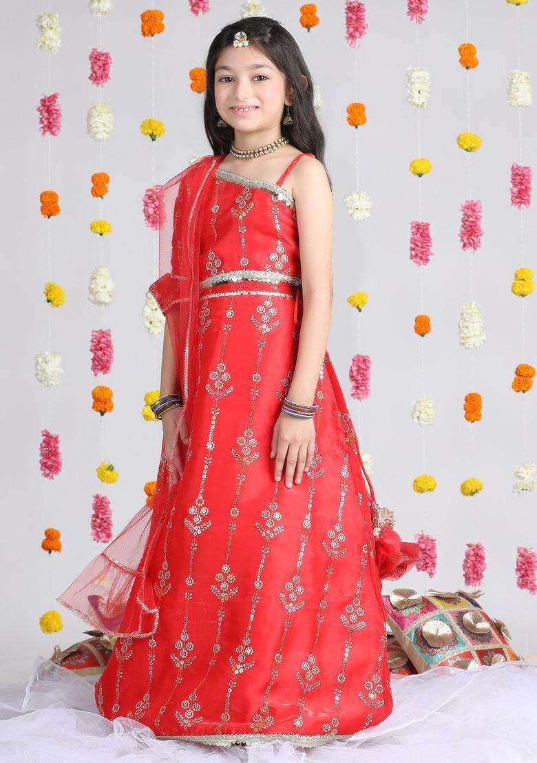 Red Embroidered Organza Lehenga Set For Girls - Indya