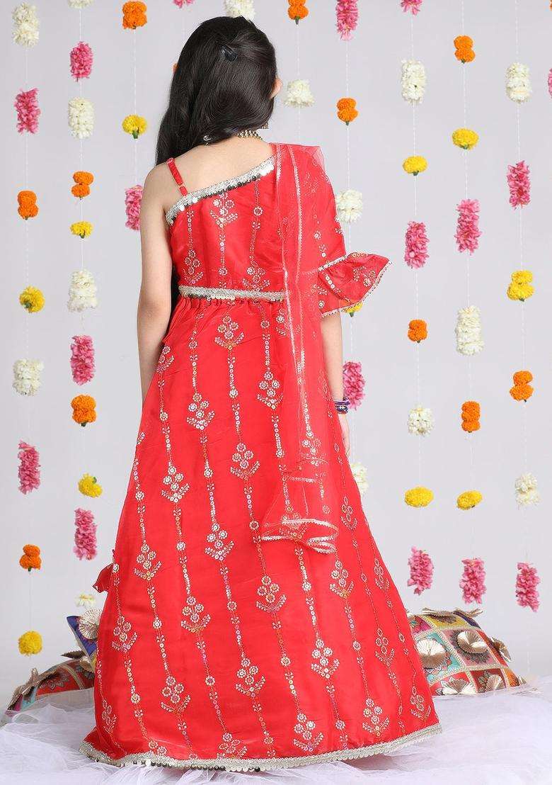 Red Embroidered Organza Lehenga Set For Girls - Indya
