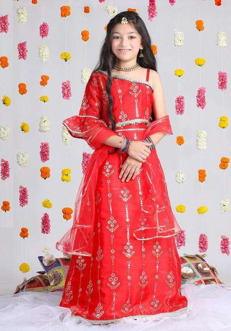 Red Embroidered Organza Lehenga Set For Girls
