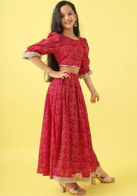 Red Printed Polyester Lehenga Set For Girls