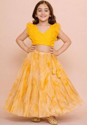 Yellow Solid Georgette Lehenga Set For Girls