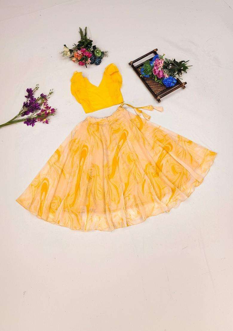 Yellow Solid Georgette Lehenga Set For Girls - Indya