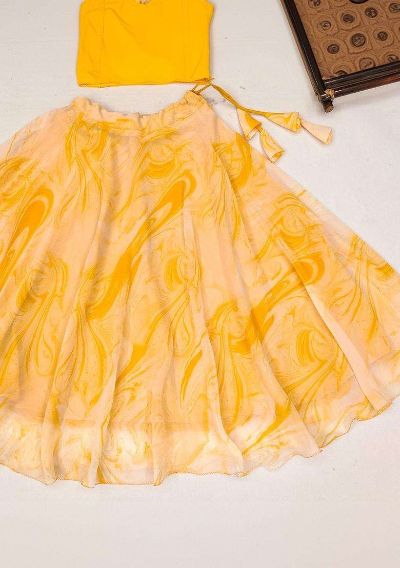 Yellow Solid Georgette Lehenga Set For Girls - Indya