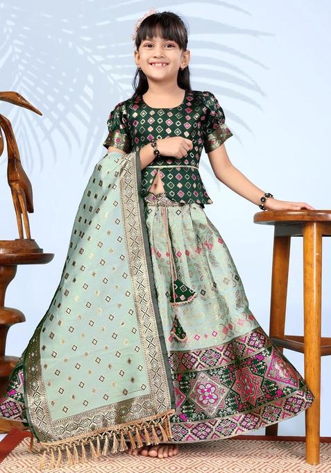Green Woven Design Silk Lehenga Set For Girls — view on Indya