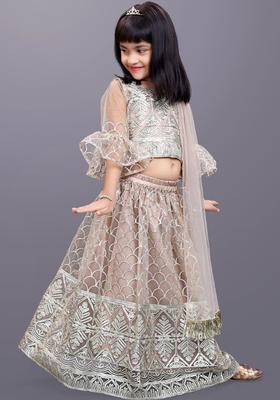 Beige Embroidered Net Lehenga Set For Girls