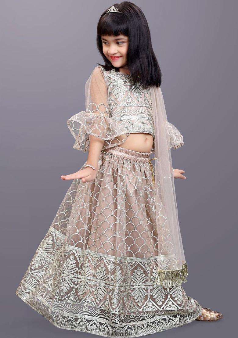 Beige Embroidered Net Lehenga Set For Girls - Indya