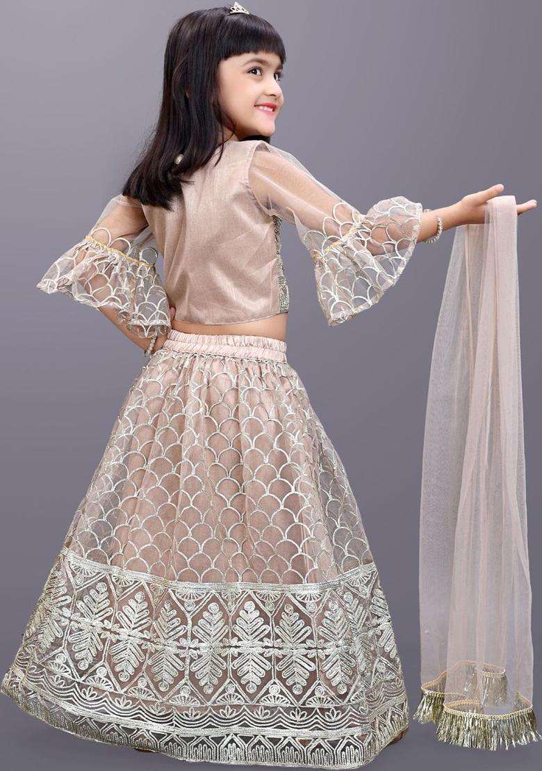 Beige Embroidered Net Lehenga Set For Girls - Indya