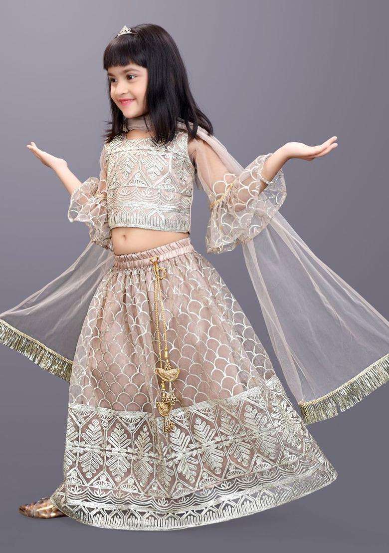 Beige Embroidered Net Lehenga Set For Girls - Indya