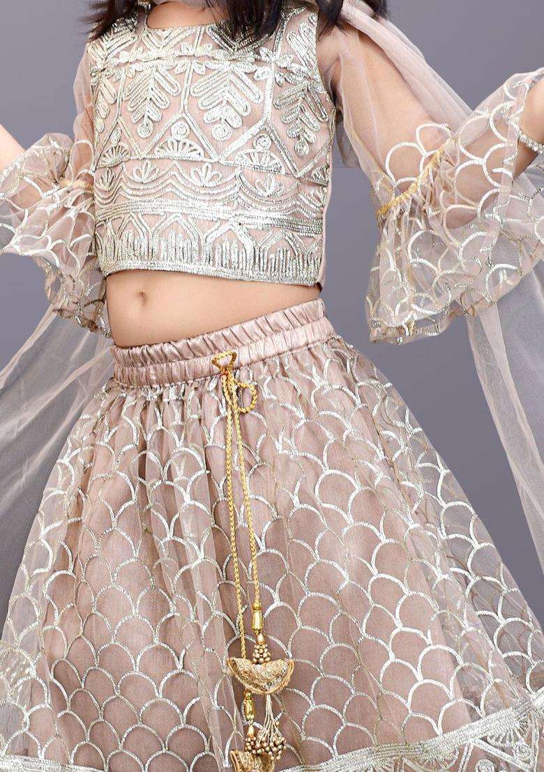 Beige Embroidered Net Lehenga Set For Girls - Indya