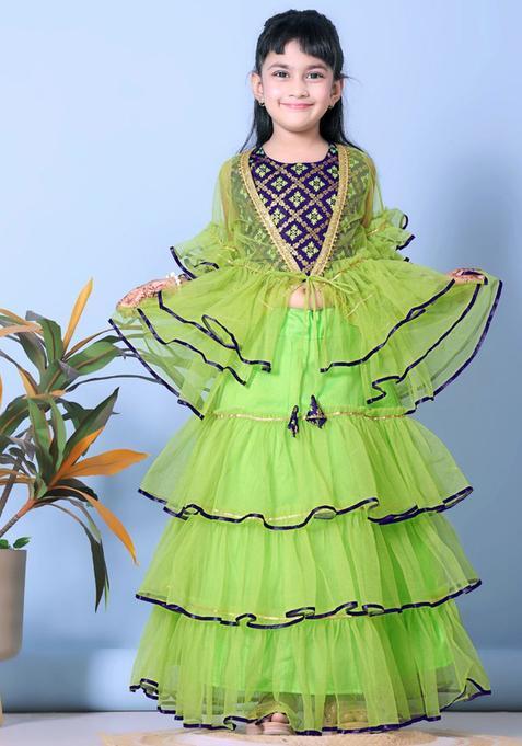Green Woven Design Net Lehenga Set For Girls — view on Indya