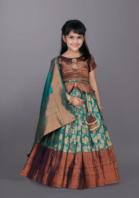 Blue Woven Design Silk Lehenga Set For Girls — view on Indya