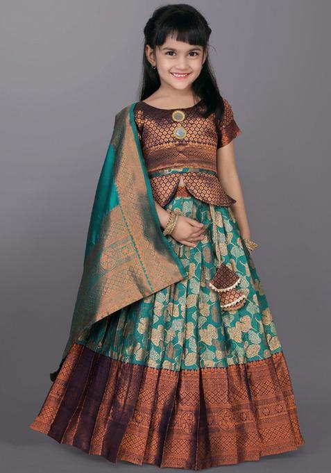 Green Woven Design Polyester Lehenga Set For Girls — view on Indya