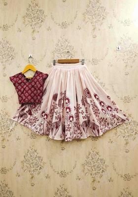 Peach Printed Cotton Lehenga Set For Girls
