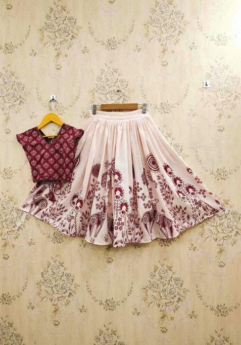 Peach Printed Cotton Lehenga Set For Girls — view on Indya
