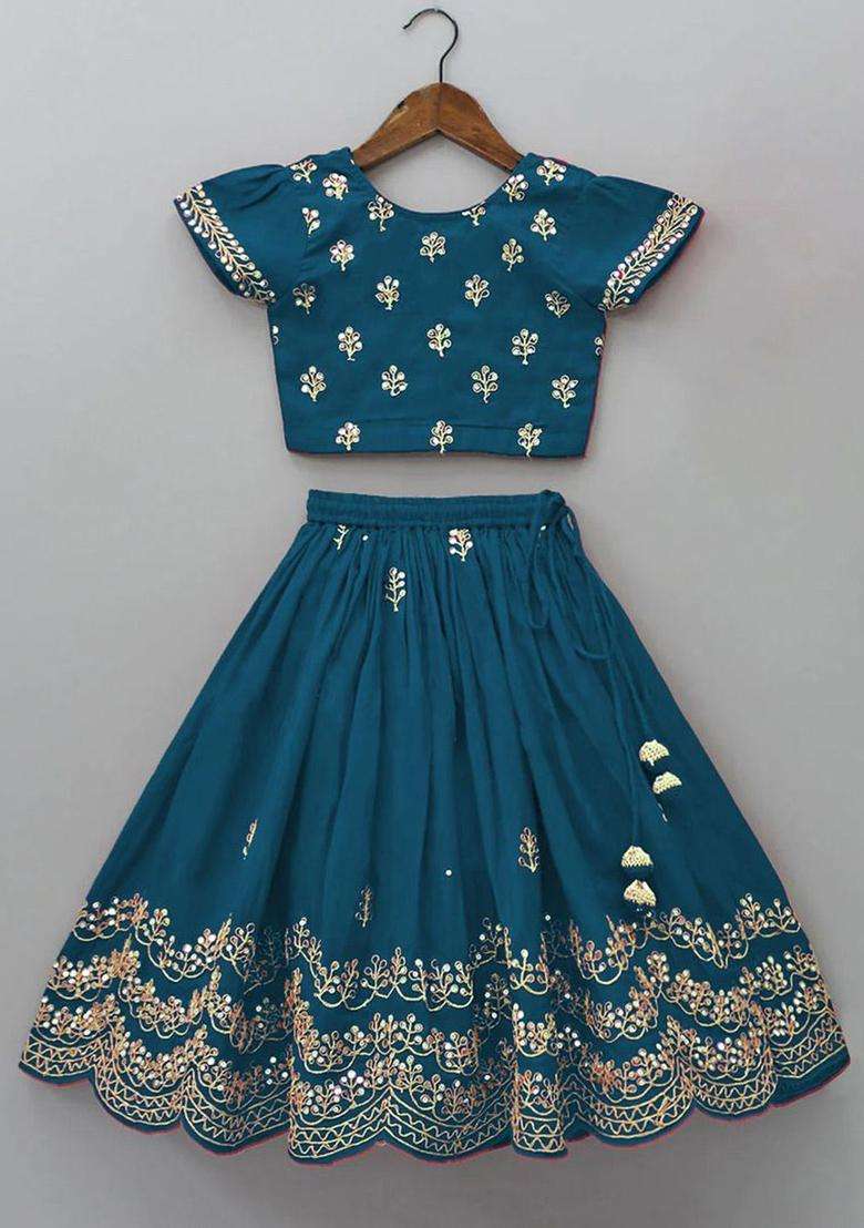 Blue Embroidered Silk Lehenga Set For Girls - Indya