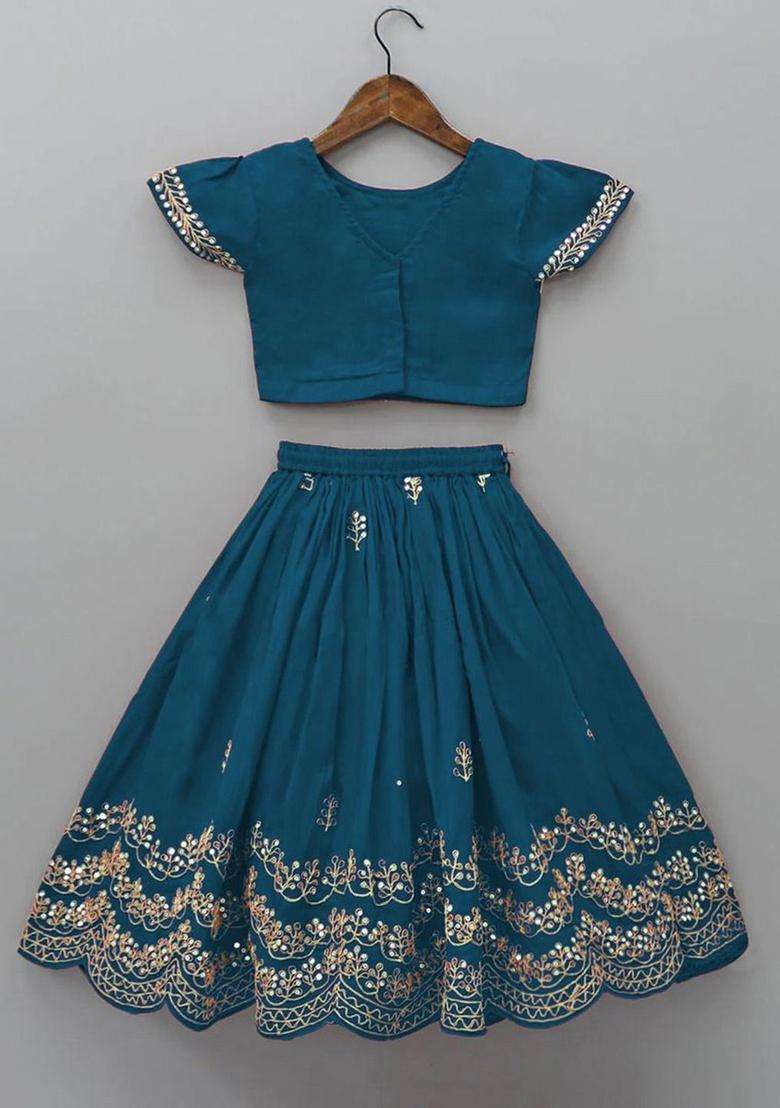 Blue Embroidered Silk Lehenga Set For Girls - Indya