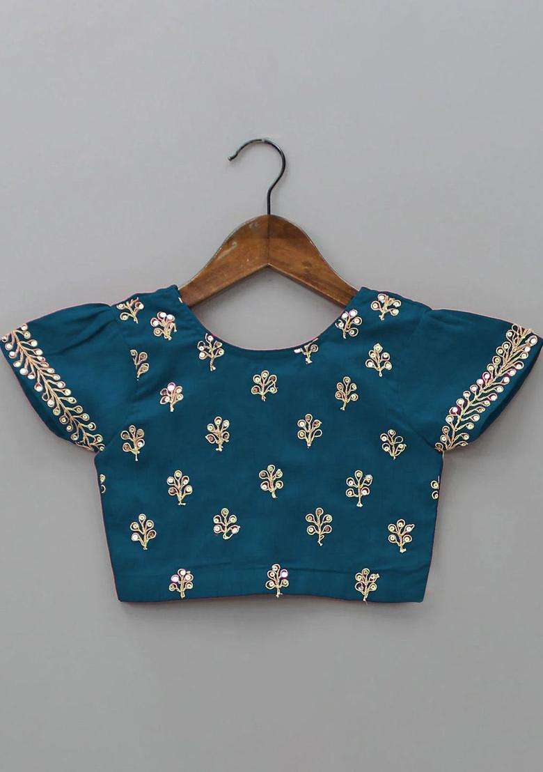 Blue Embroidered Silk Lehenga Set For Girls - Indya