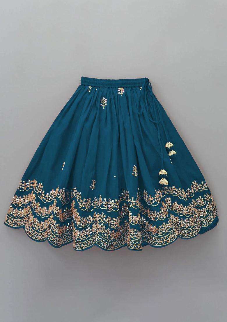 Blue Embroidered Silk Lehenga Set For Girls - Indya