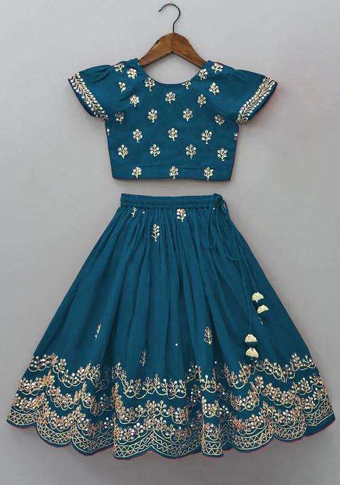 Blue Embroidered Silk Lehenga Set For Girls