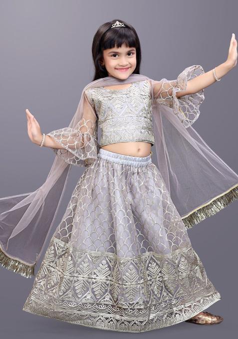 Grey Embellished Net Lehenga Set For Girls — view on Indya