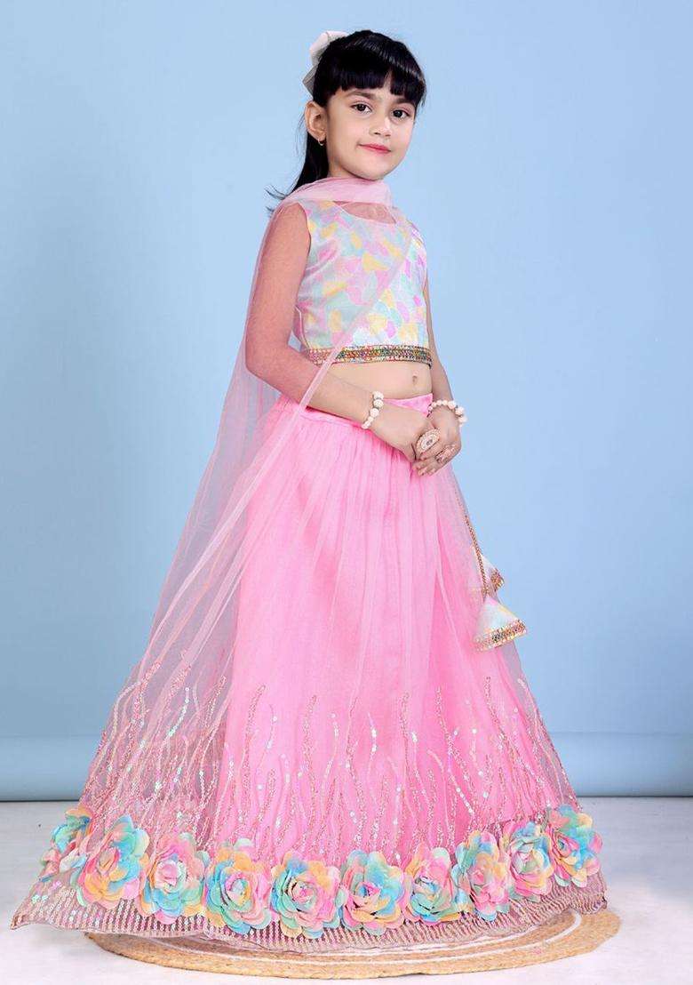 Pink Printed Net Lehenga Set For Girls - Indya