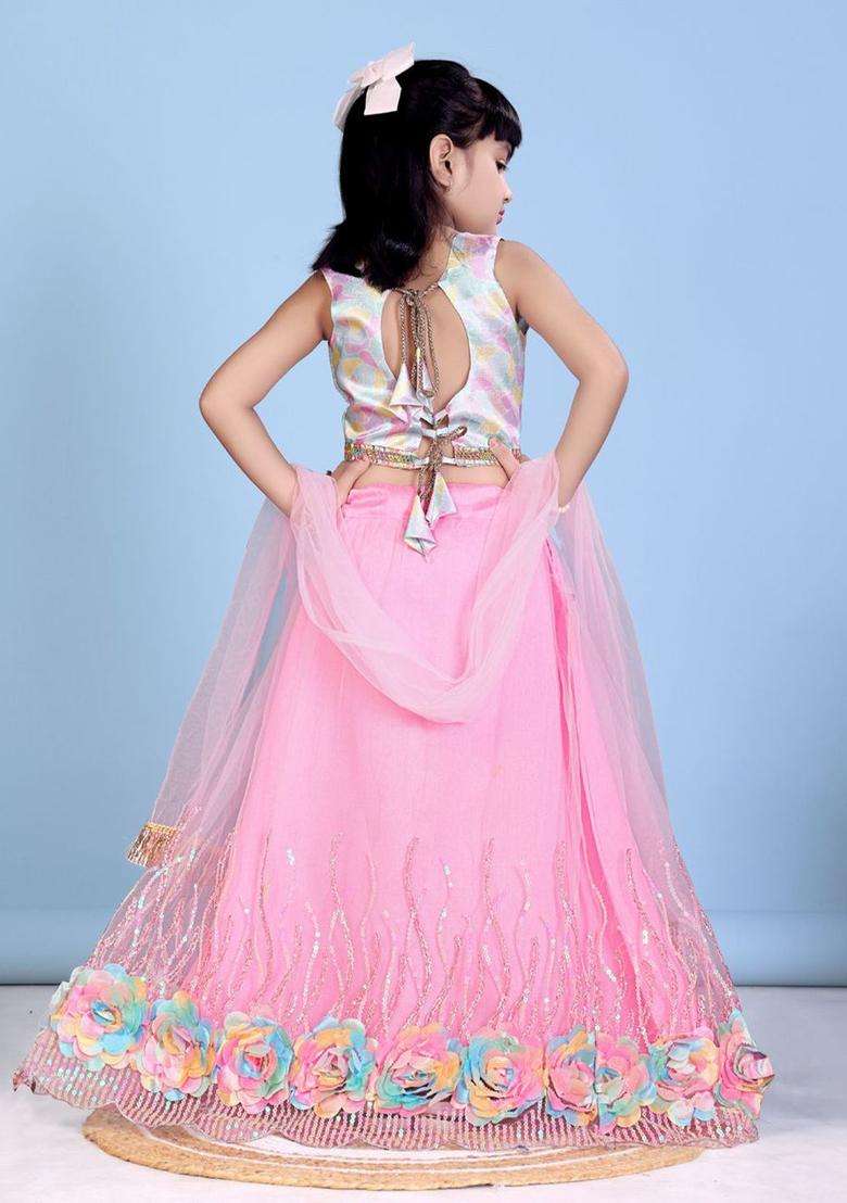 Pink Printed Net Lehenga Set For Girls - Indya