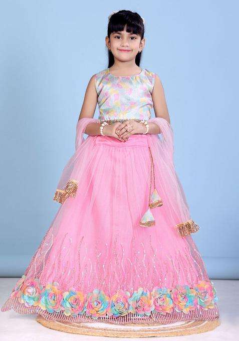 Pink Printed Net Lehenga Set For Girls