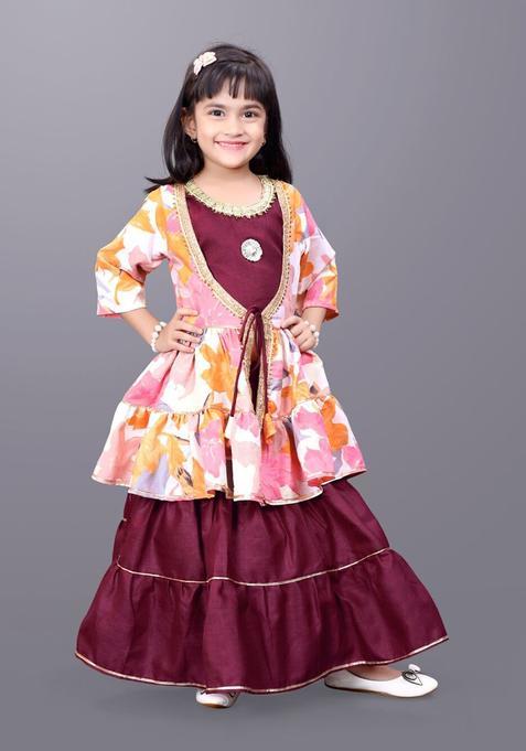 Maroon Solid Cotton Lehenga Set For Girls — view on Indya