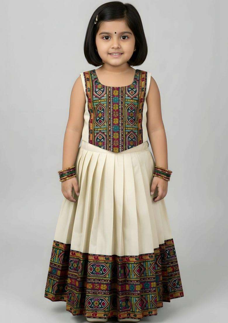 Beige Embroidered Cotton Lehenga Set For Girls - Indya