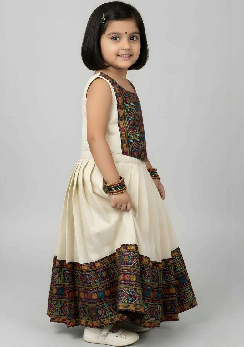 Beige Embroidered Cotton Lehenga Set For Girls - Indya