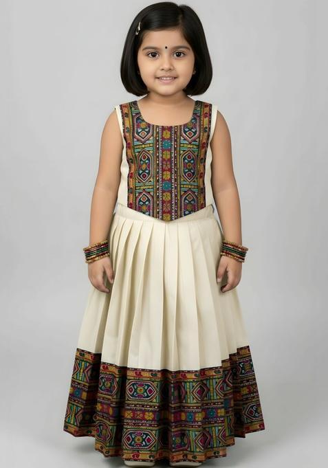Beige Embroidered Cotton Lehenga Set For Girls — view on Indya