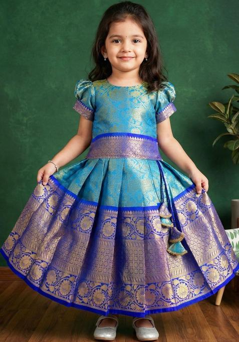 Blue Woven Design Silk Lehenga Set For Girls — view on Indya