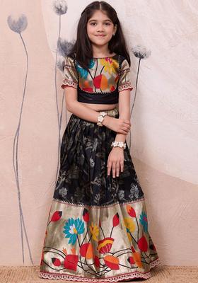 Black Embroidered Silk Lehenga Set For Girls