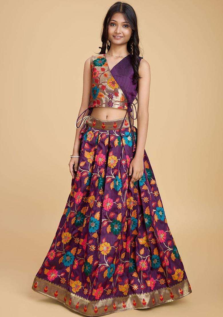 Purple Embroidered Silk Lehenga Set For Girls - Indya