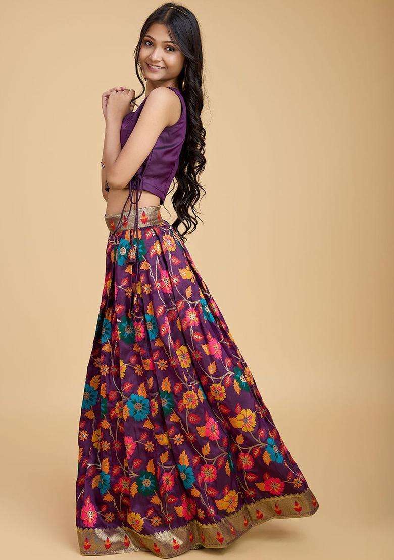 Purple Embroidered Silk Lehenga Set For Girls - Indya