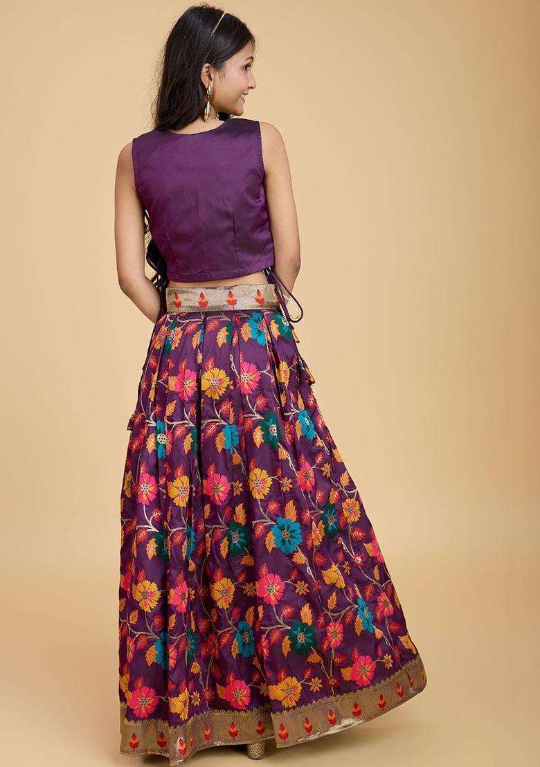 Purple Embroidered Silk Lehenga Set For Girls - Indya