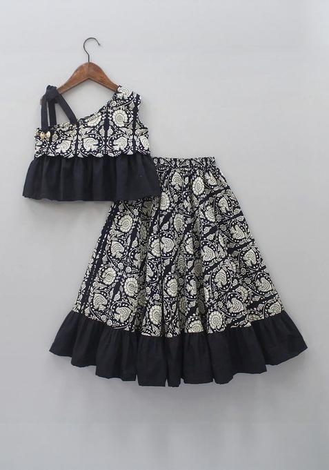 Black Printed Polyester Lehenga Set For Girls — view on Indya