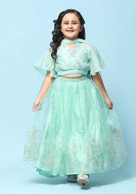 Green Embellished Viscose Lehenga Set For Girls
