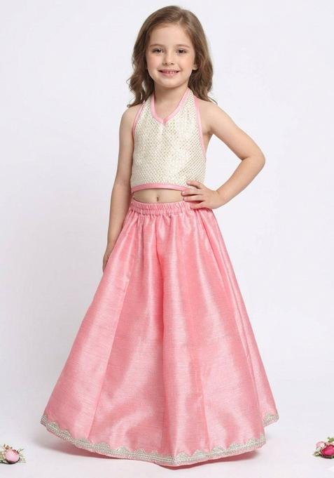 White Embellished Cotton Lehenga Set For Girls — view on Indya