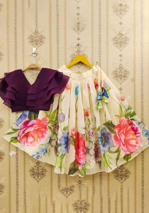 Beige Dyed Georgette Lehenga Set For Girls