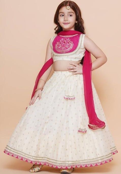White Embroidered Cotton Lehenga Set For Girls — view on Indya